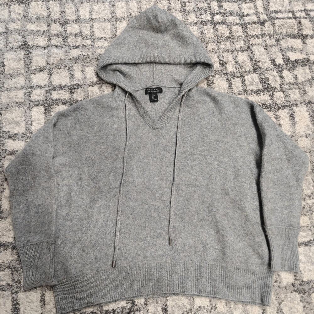 TAHARI 100% Cashmere Knit Hoodie Sweater Womens L Heather Gray V-Neck Drawstring